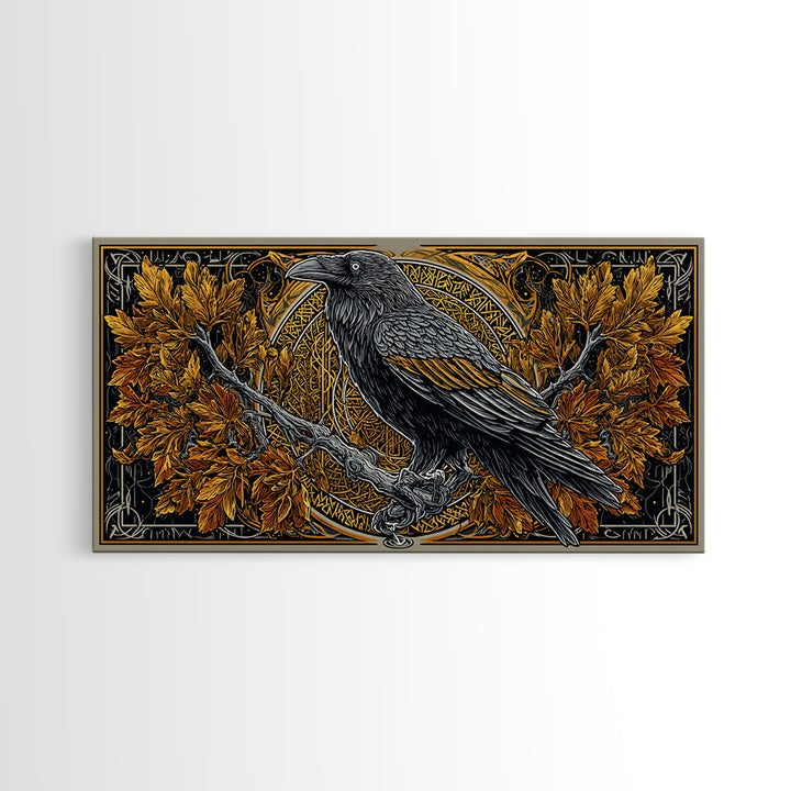Norse Raven Perched Canvas Gold Art Canvas Art with Runes and Autumn Leaves, Framed in Real Wood, Viking Office or Man Cave