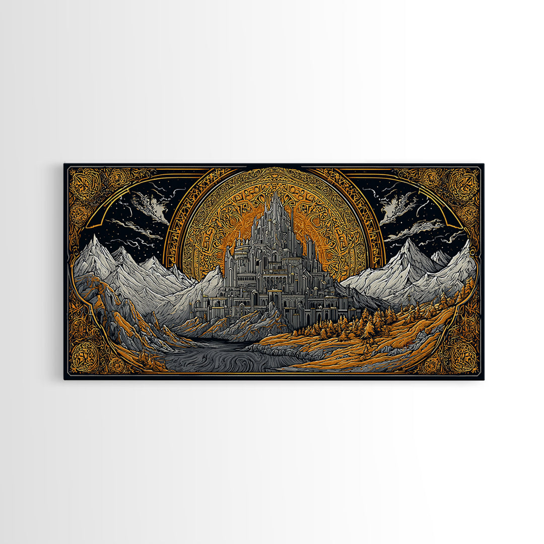 Asgard Fortress Canvas Gold Art Norse Mythology Canvas Art Nordic Wall Hanging framed in natural wood, Viking Decor Office