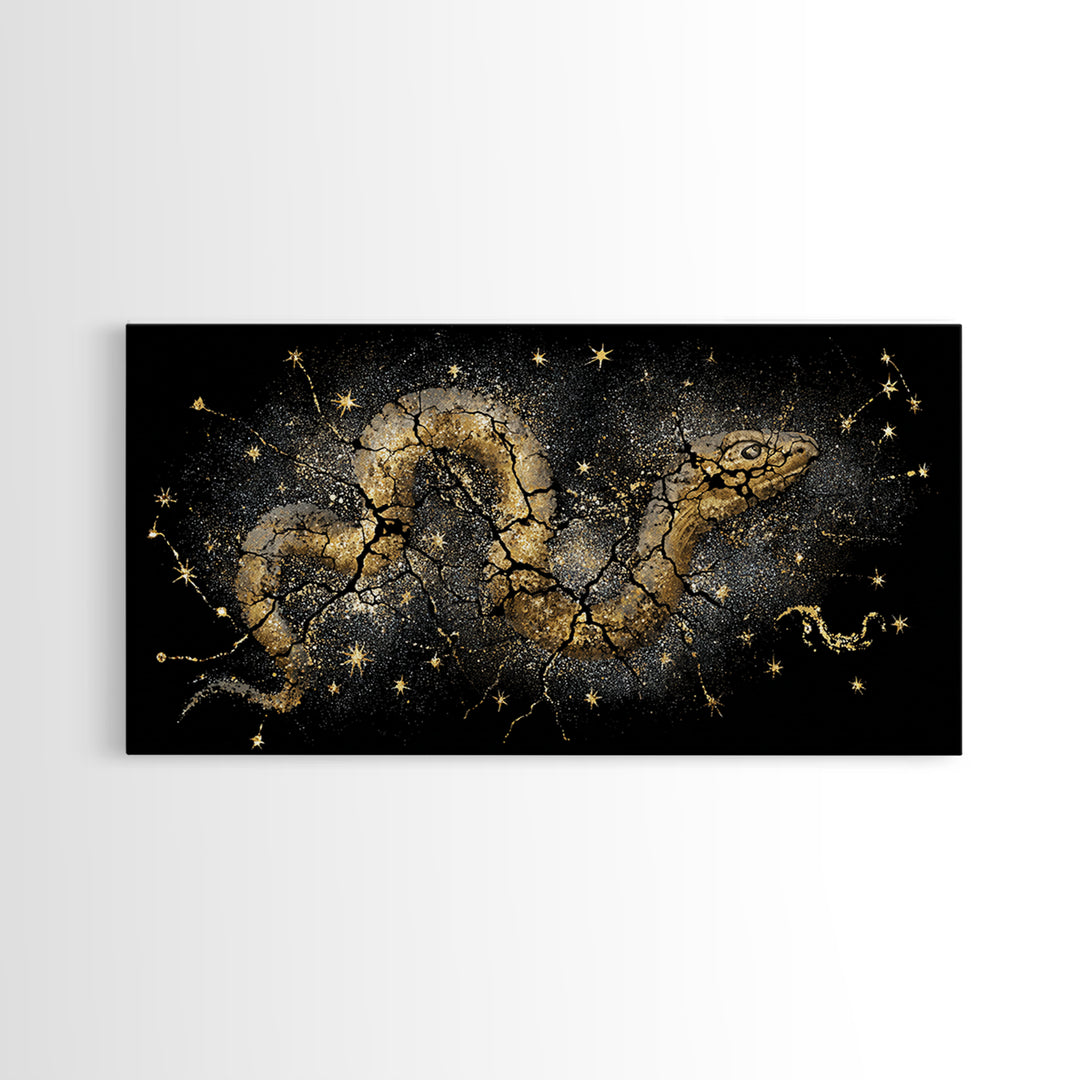Jormungandr Serpent Canvas Gold Art Norse Mythology Canvas Art Wall Decor framed in real wood, Man Cave Viking Gift for Him