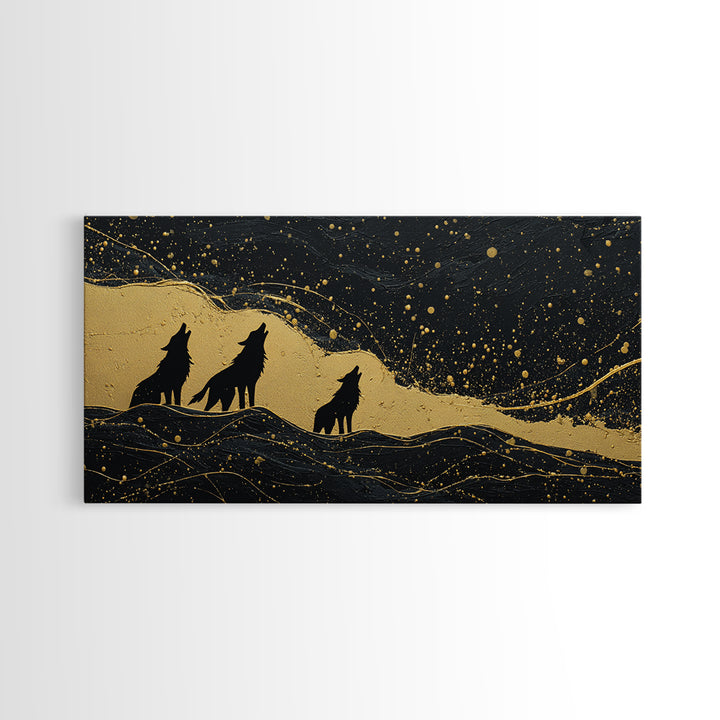 Howling Wolves Canvas Gold Art Norse Canvas Art Nordic Mythology Wall Decor with real wood frame, Man Cave Accent, Office Art