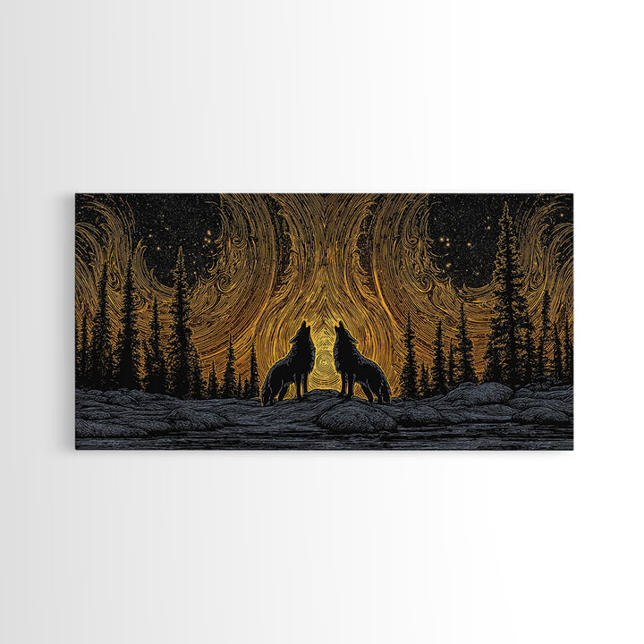 Fenrir Wolves Canvas Gold Art Norse Mythology Canvas Art Nordic Wall Hanging framed in wood, Dad Gift, Viking Decor for Office