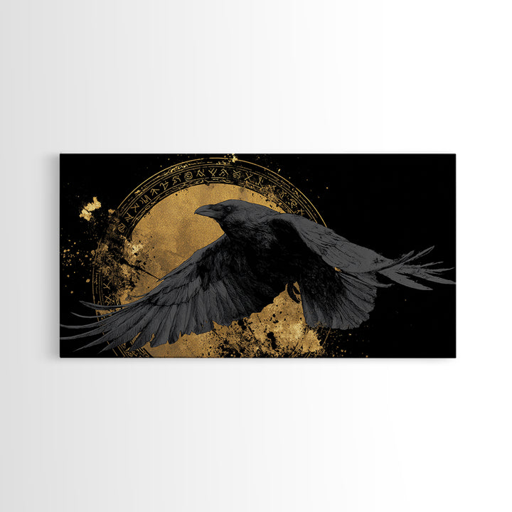 Raven of Odin Canvas Gold Art Norse Mythology Canvas Art Nordic Wall Decor framed in real wood, Man Cave Viking Office Gift