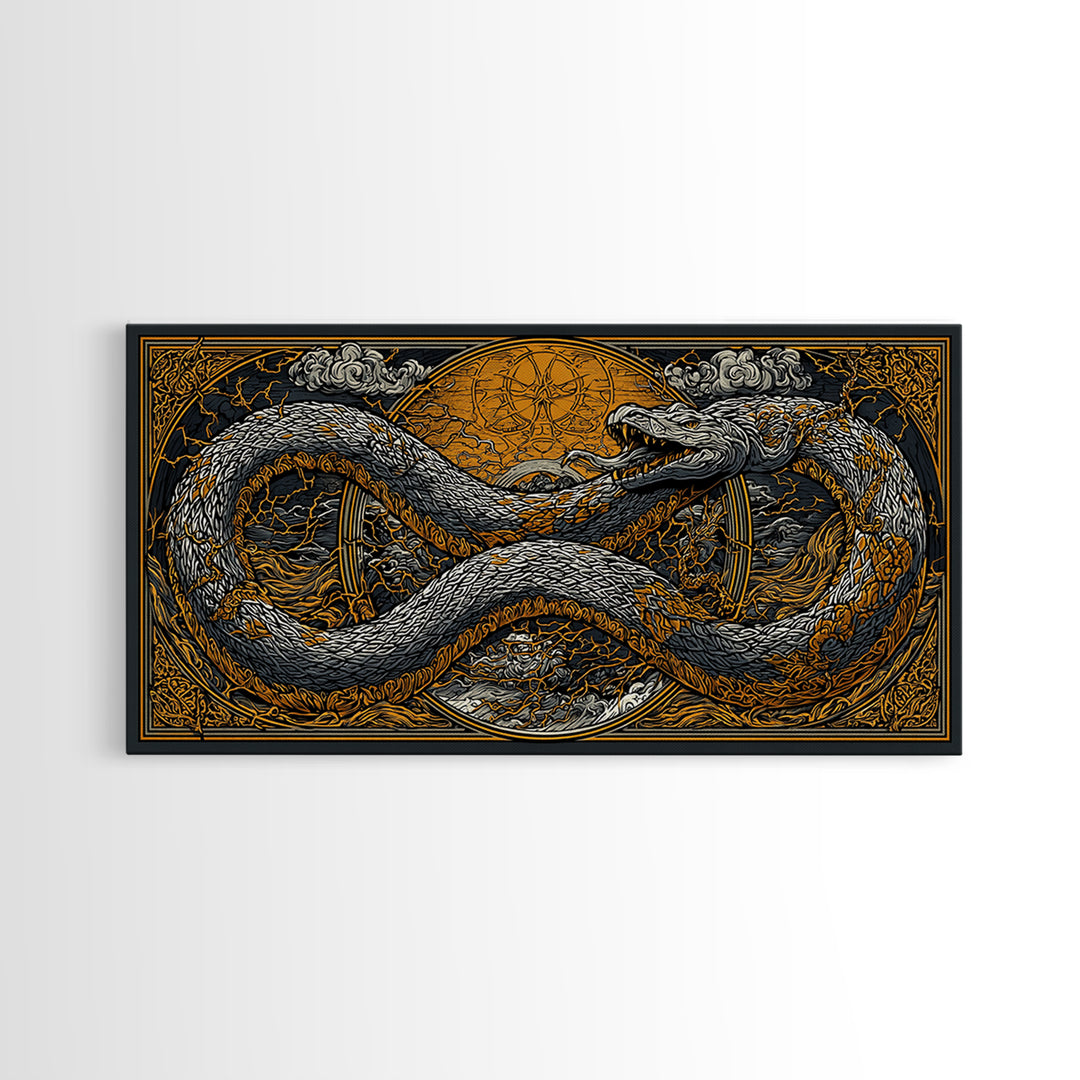 Midgard Serpent Canvas Gold Art Norse Mythology Canvas Art Nordic Wall Hanging framed in natural wood, Office Accent, Dad Gift