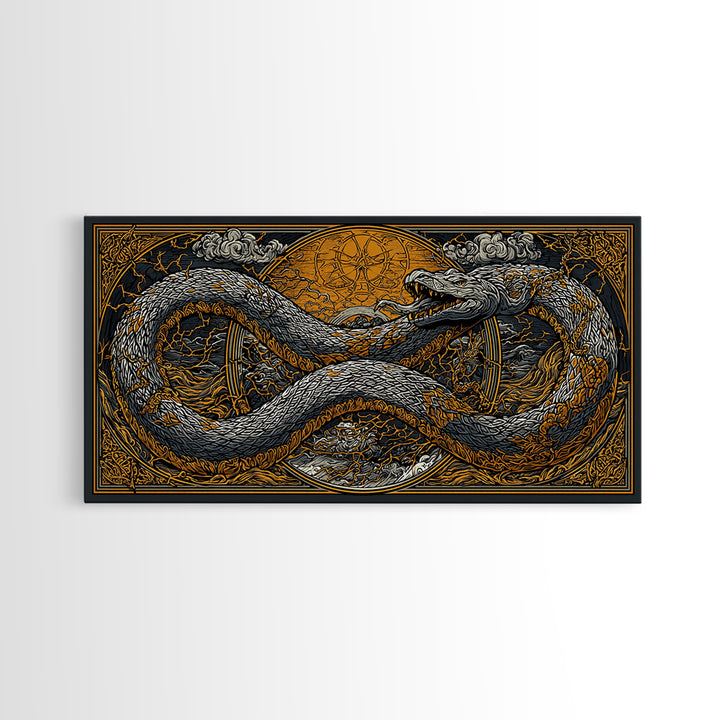 Midgard Serpent Canvas Gold Art Norse Mythology Canvas Art Nordic Wall Hanging framed in natural wood, Office Accent, Dad Gift