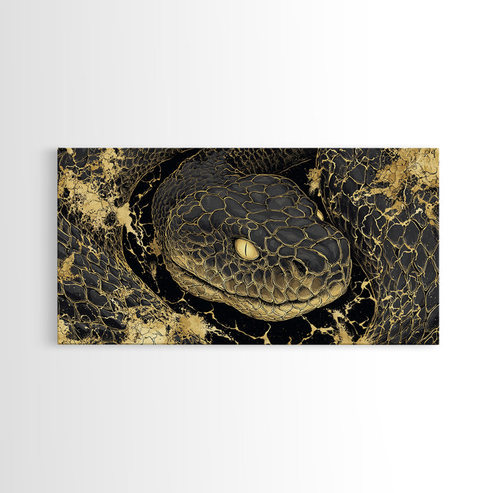Viking Serpent Jormungandr Canvas Gold Art Canvas Art Norse Mythology Wall Decor for Man Cave or Office framed in natural wood