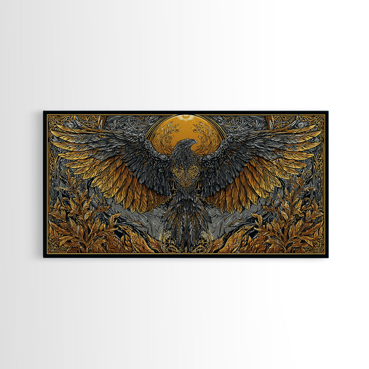 Valkyrie Eagle Canvas Gold Art Canvas Art Norse Wall Hanging with Spreading Wings, Natural Wood Frame, Nordic Mythology Gift