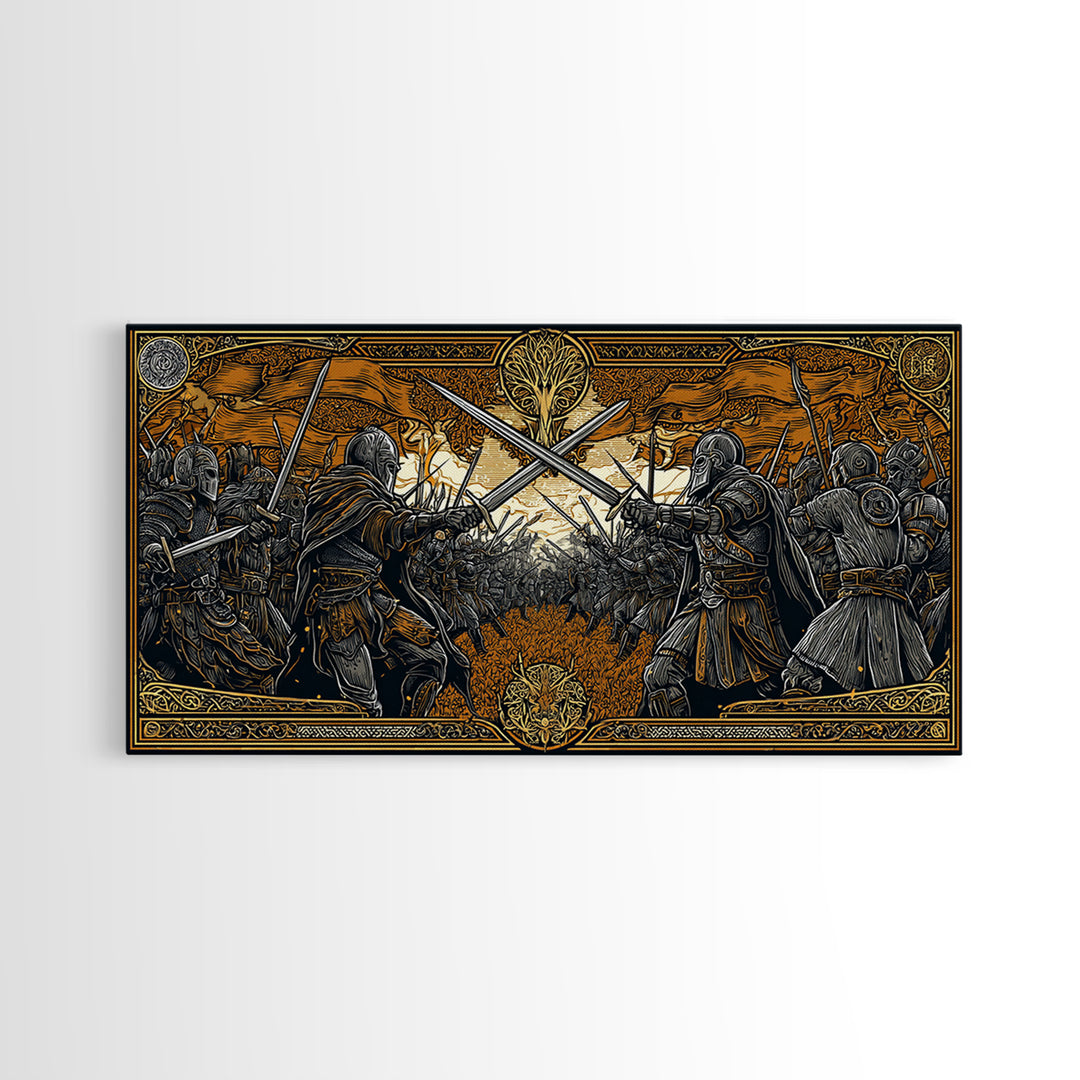 Viking Battle Canvas Gold Art Canvas Art Norse Warriors Mythology Wall Decor Office Art Man Cave Gift framed in natural wood