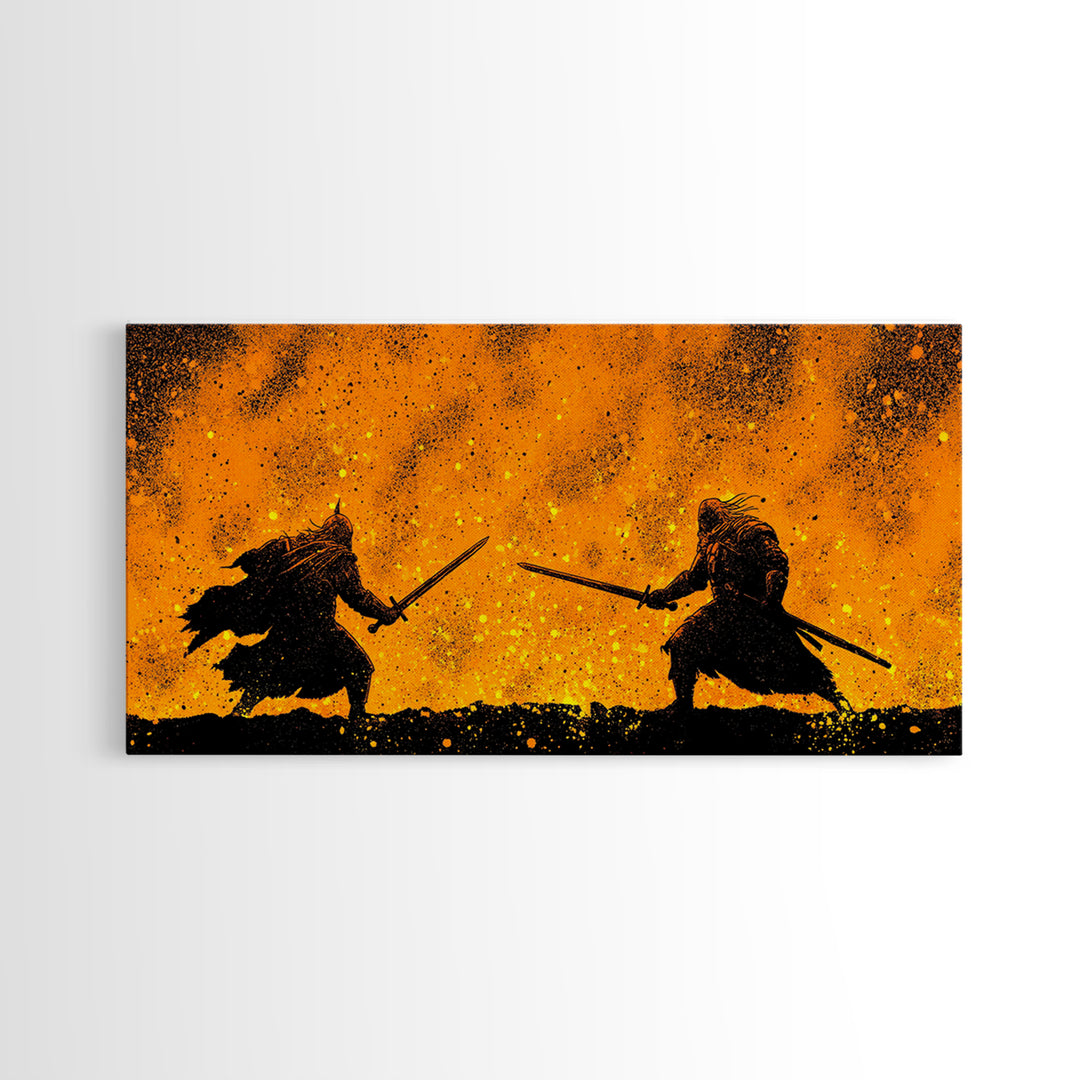 Fiery Duel Canvas Gold Art Canvas Art Norse Viking Mythology Warrior Wall Decor Dad Gift Office Art framed in solid wood