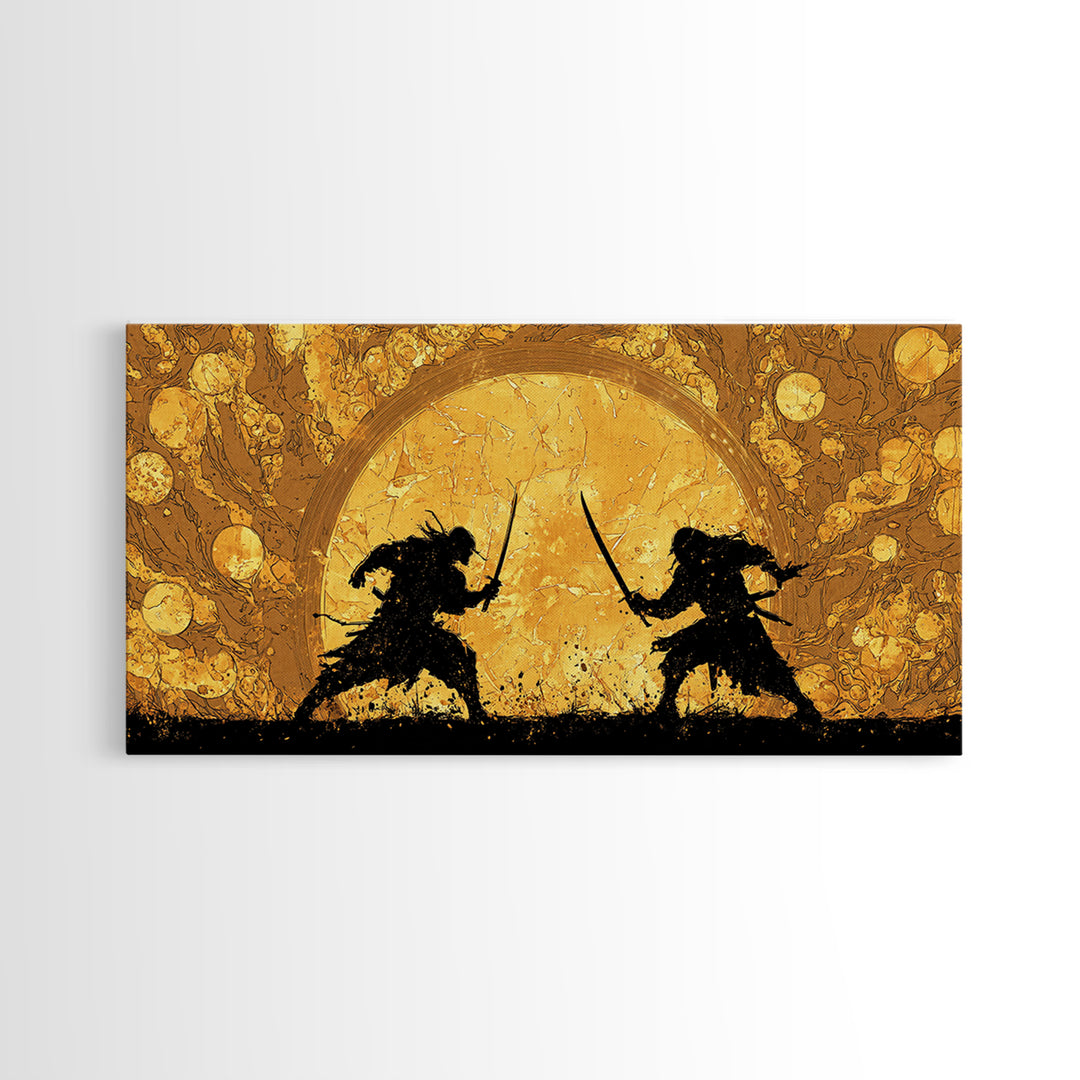 Samurai Duel Canvas Gold Art Canvas Art Norse Inspired Epic Warrior Wall Art Man Cave Decor Office Gift framed in real wood