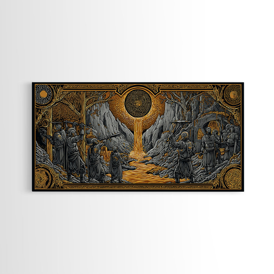 Dwarves Forging Canvas Gold Art Canvas Art Norse Mythology Viking Blacksmiths Wall Decor Office or Man Cave framed in wood