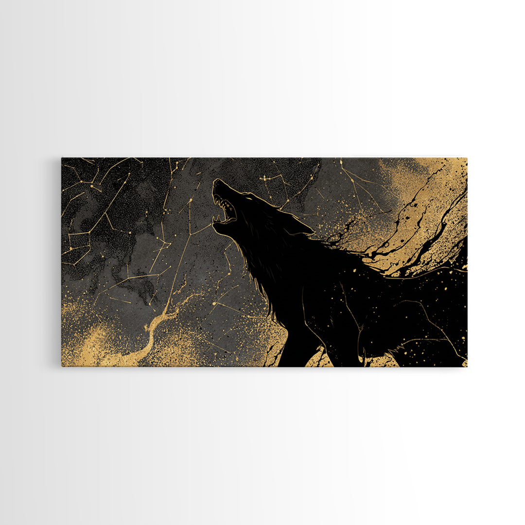 Fenrir Wolf Canvas Gold Art Canvas Art Norse Mythology Beast Viking Wall Decor Dad Gift Office Art framed in real wood frame