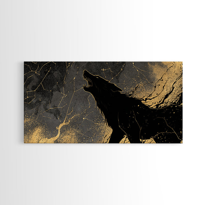 Fenrir Wolf Canvas Gold Art Canvas Art Norse Mythology Beast Viking Wall Decor Dad Gift Office Art framed in real wood frame