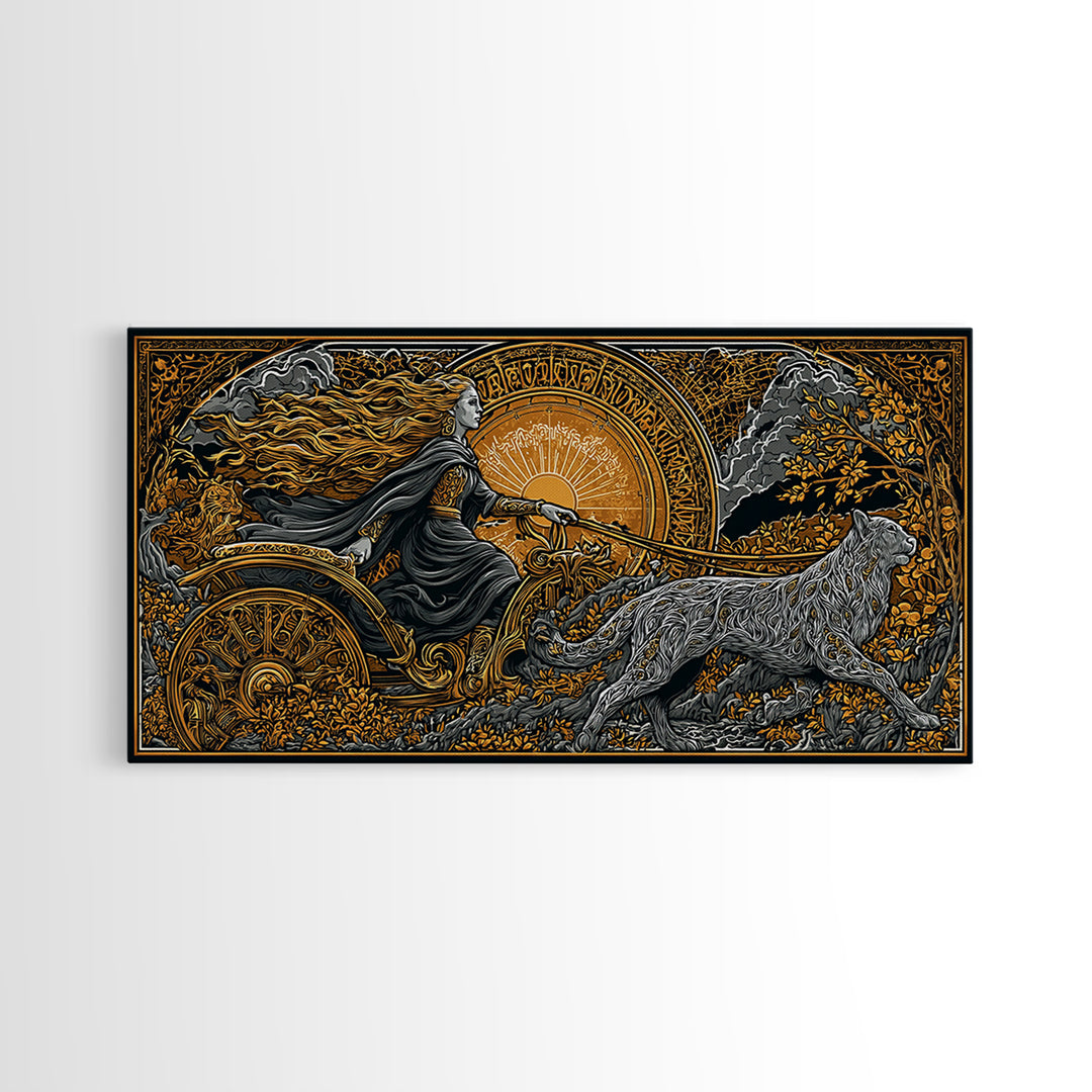 Freyja Canvas Gold Art Canvas Art Norse Goddess Viking Mythology Wall Decor Man Cave or Office Art framed in natural wood