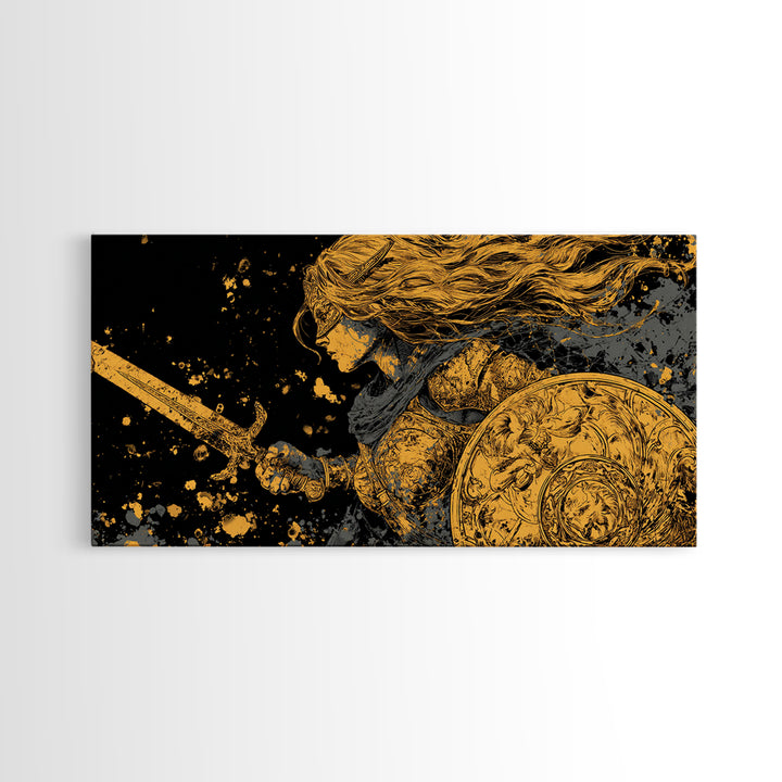 Valkyrie Warrior Canvas Gold Art Canvas Art Norse Mythology Female Viking Wall Decor Office Art Man Cave Gift framed in wood