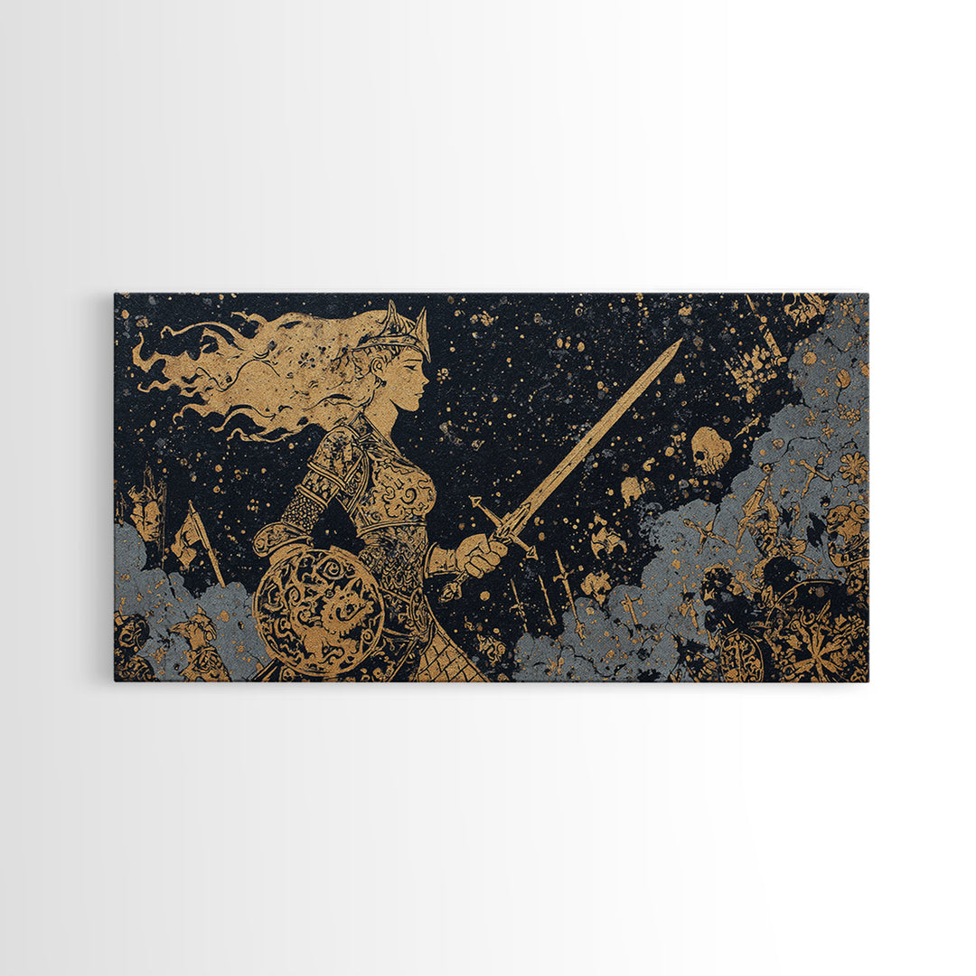 Viking Warrior Queen Hervor Canvas Gold Art Canvas Art Nordic Mythology Wall Decor for Office or Man Cave framed in real wood