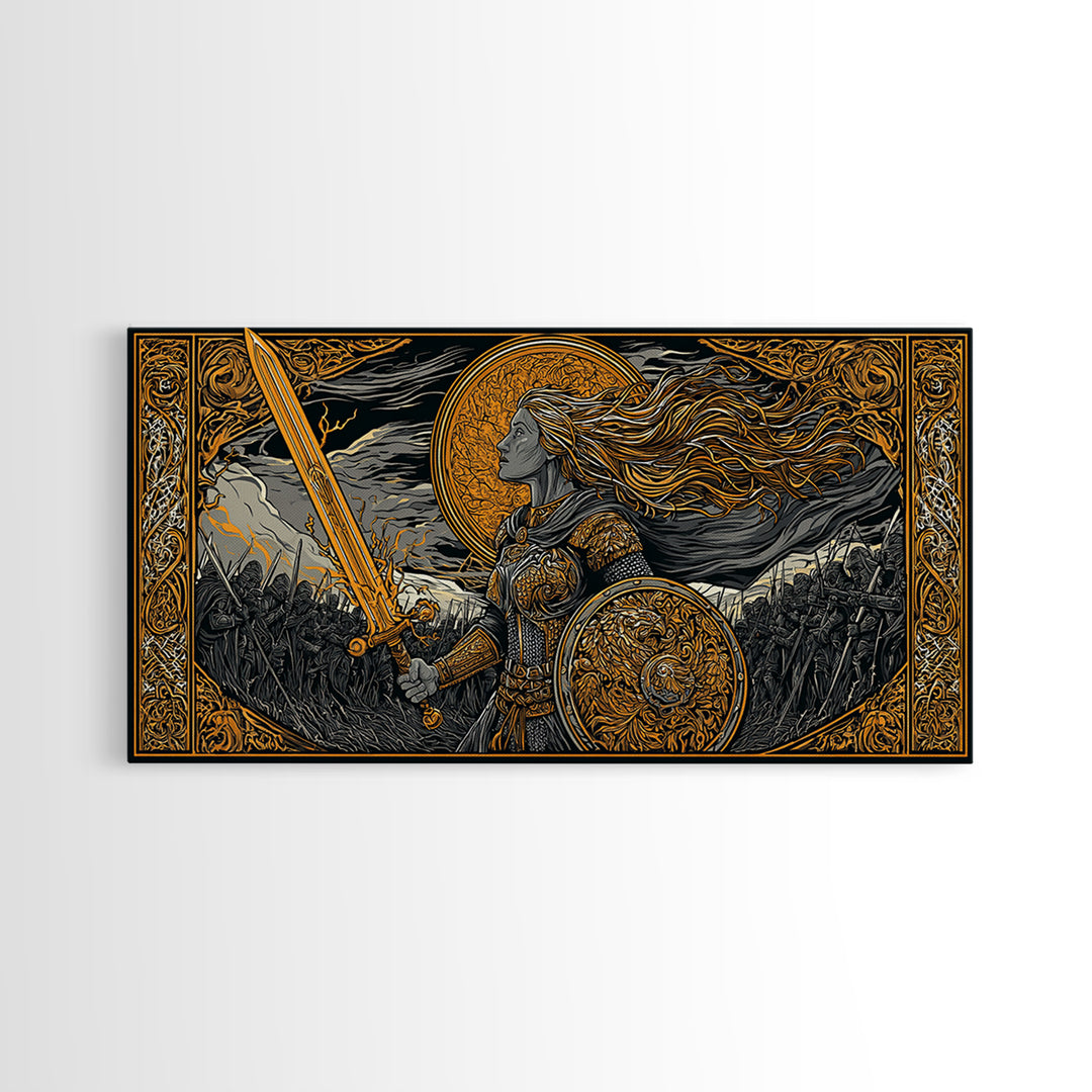 Shieldmaiden Hervor Canvas Gold Art Canvas Art Norse Warrior Goddess Viking Wall Decor Dad Gift Office framed in real wood