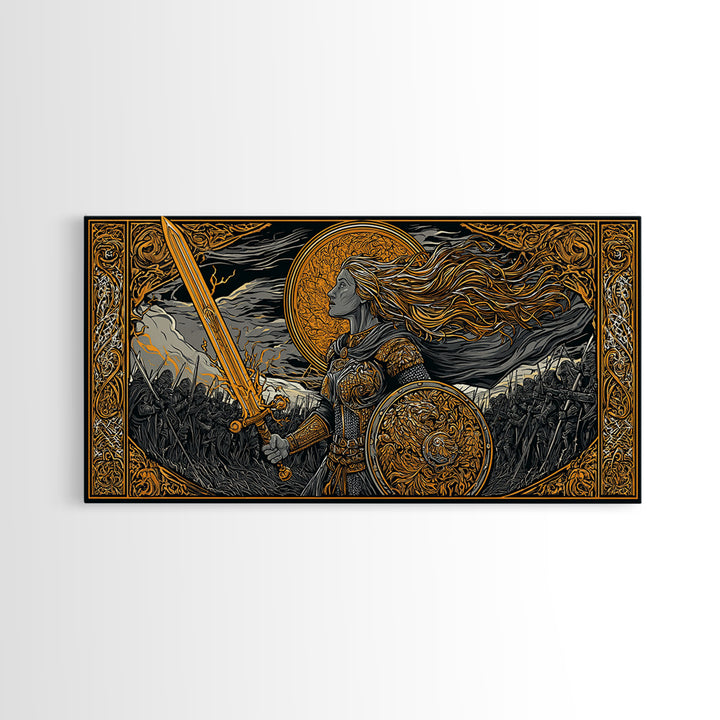 Shieldmaiden Hervor Canvas Gold Art Canvas Art Norse Warrior Goddess Viking Wall Decor Dad Gift Office framed in real wood