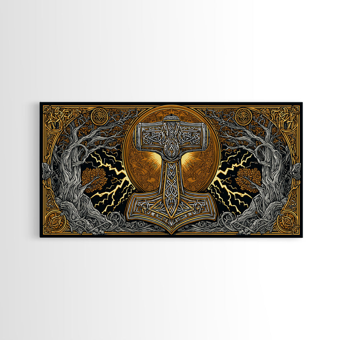 Mjolnir Norse Hammer Canvas Gold Art Canvas Art Viking Symbol Wall Art for Man Cave Office or Dad Gift in handcrafted real wood frame