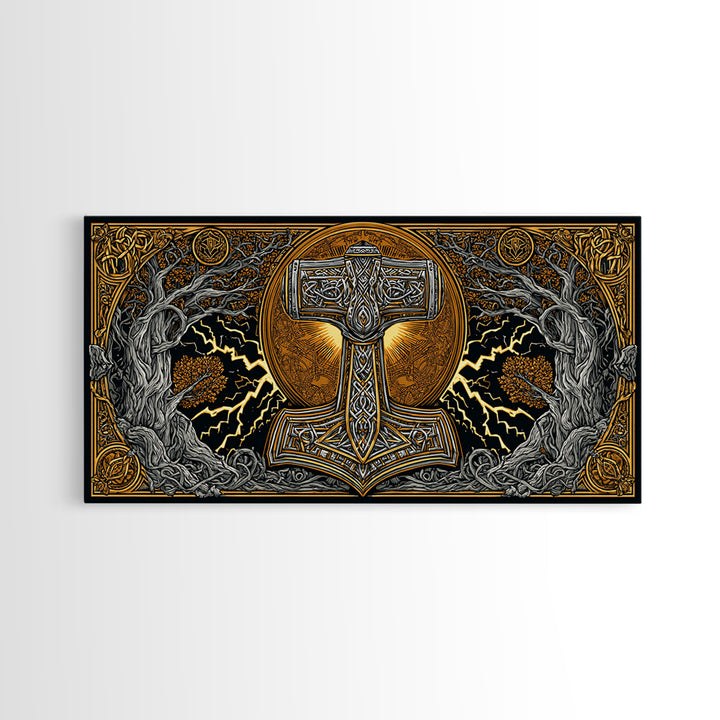 Mjolnir Norse Hammer Canvas Gold Art Canvas Art Viking Symbol Wall Art for Man Cave Office or Dad Gift in handcrafted real wood frame