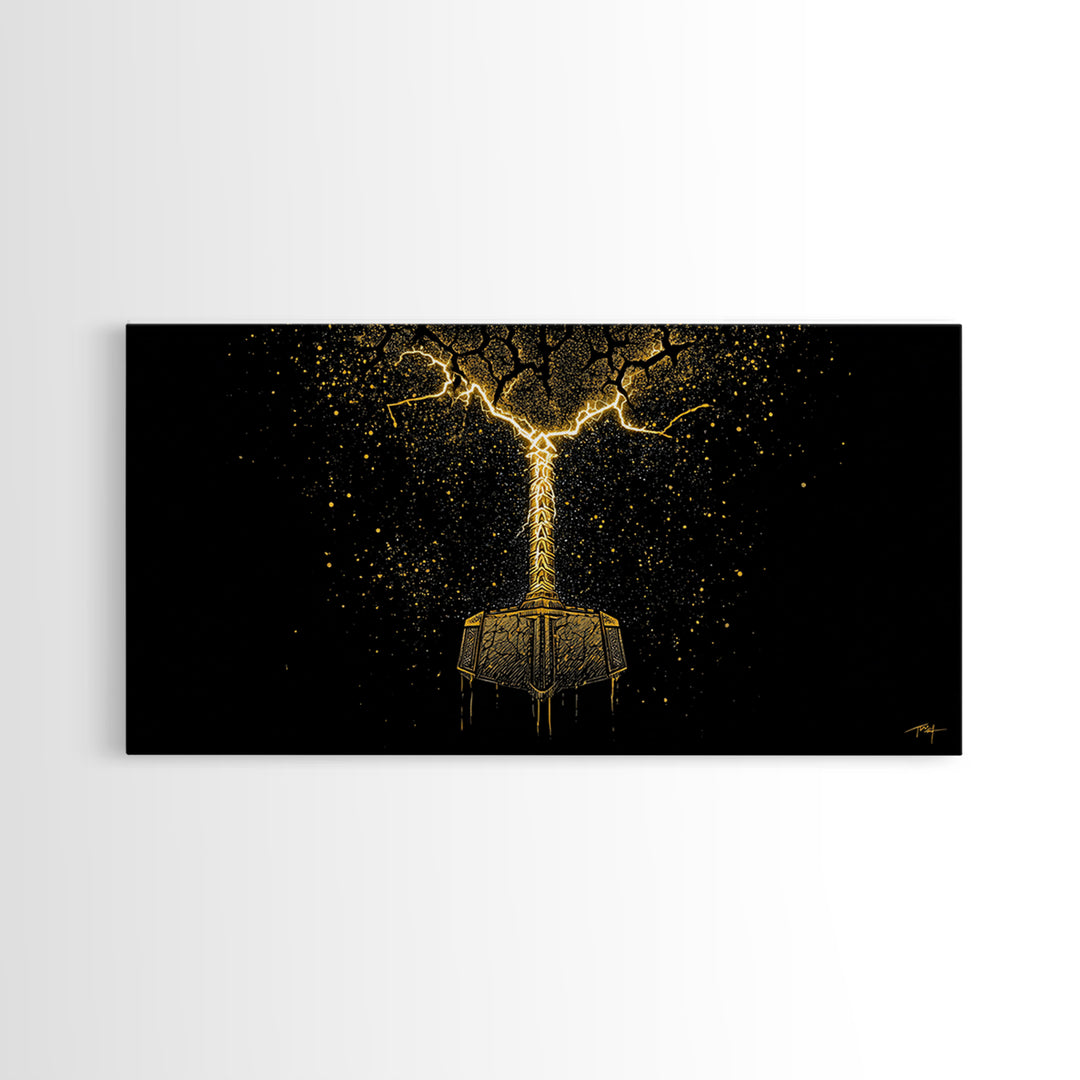 Thor’s Mjolnir Hammer Canvas Gold Art Canvas Art Nordic Wall Art Viking Decor Mythology Office Piece framed in premium natural wood