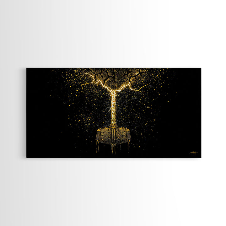 Thor’s Mjolnir Hammer Canvas Gold Art Canvas Art Nordic Wall Art Viking Decor Mythology Office Piece framed in premium natural wood