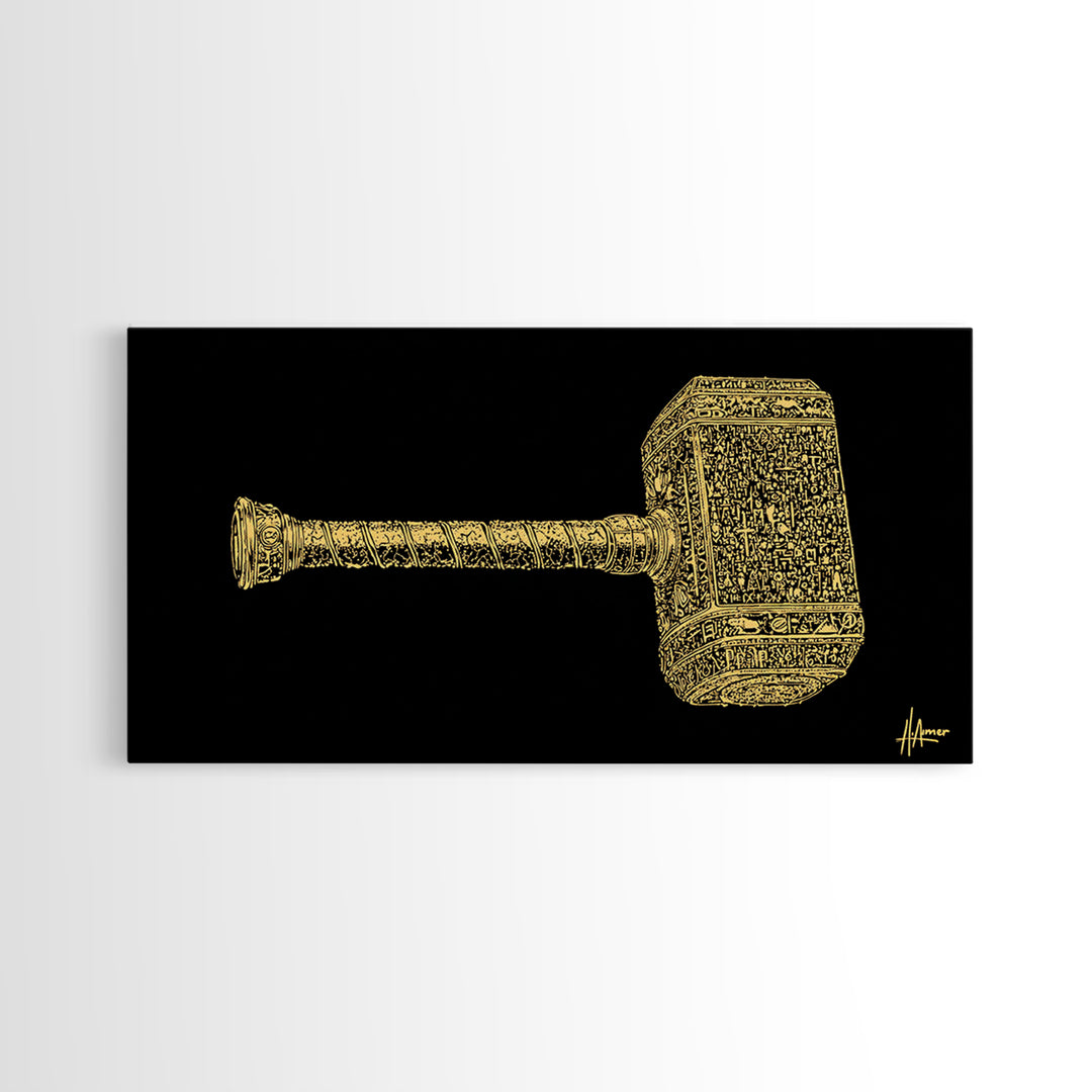 Thor’s Hammer Mjolnir Canvas Gold Art Canvas Art Nordic Mythology Wall Hanging Viking Decor Office Art Gift framed in solid natural wood
