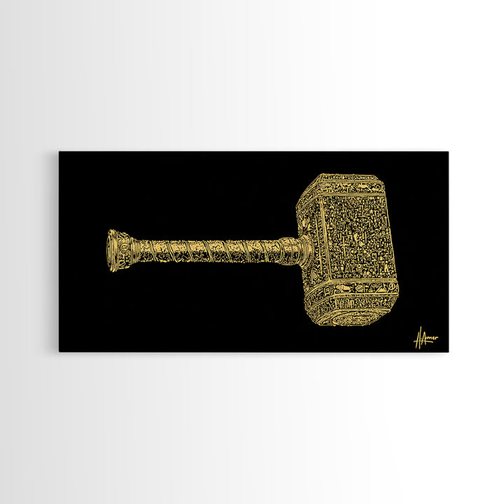 Thor’s Hammer Mjolnir Canvas Gold Art Canvas Art Nordic Mythology Wall Hanging Viking Decor Office Art Gift framed in solid natural wood