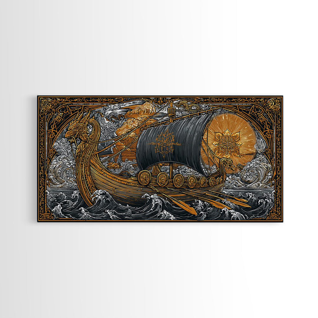 Naglfar Norse Longship Canvas Gold Art Canvas Art Viking Ship Wall Decor Nordic Mythology Office or Dad Gift framed with natural wood