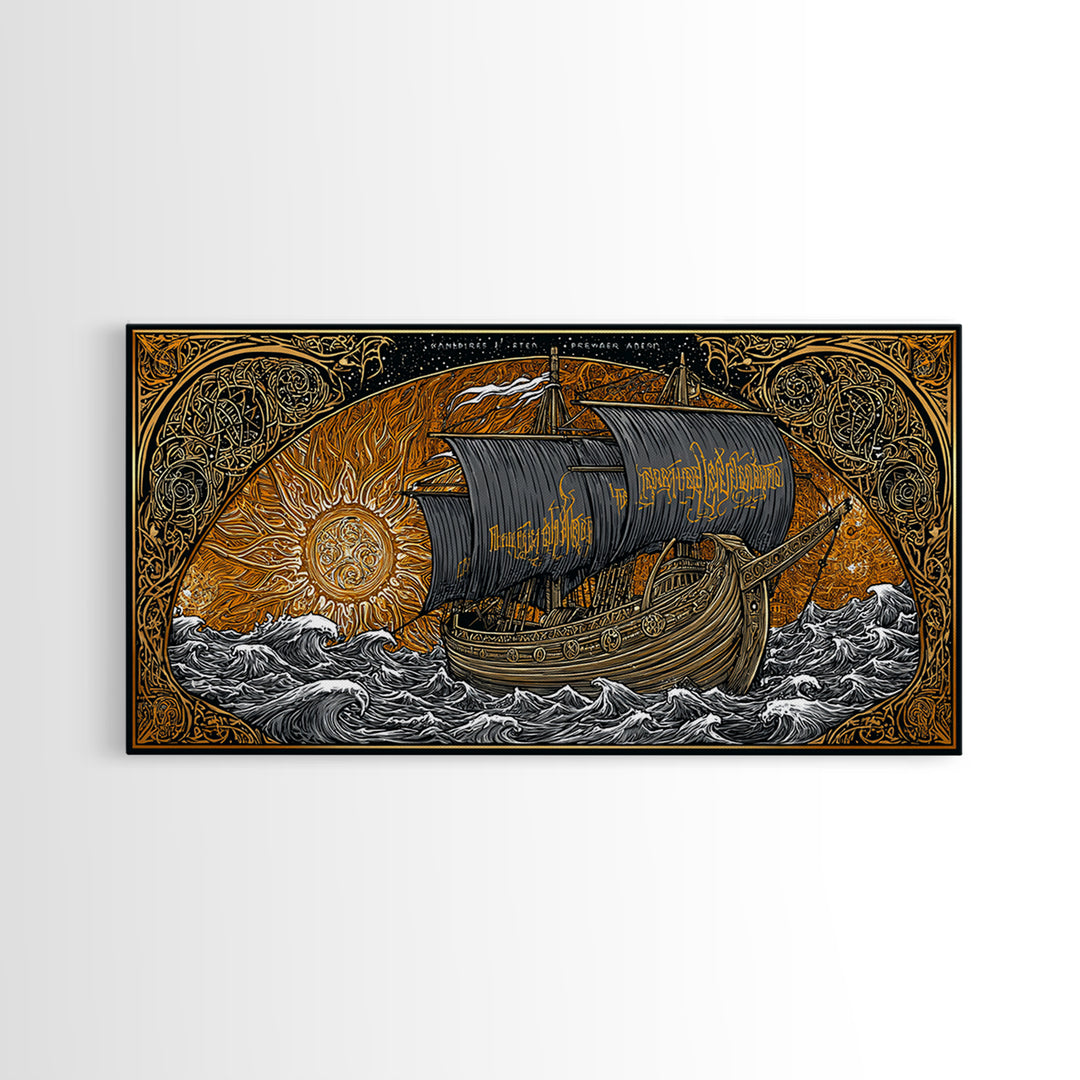 Viking Ship Naglfar Canvas Gold Art Canvas Art Nordic Longship Decor Norse Mythology Office Wall Art Man Cave framed in authentic wood