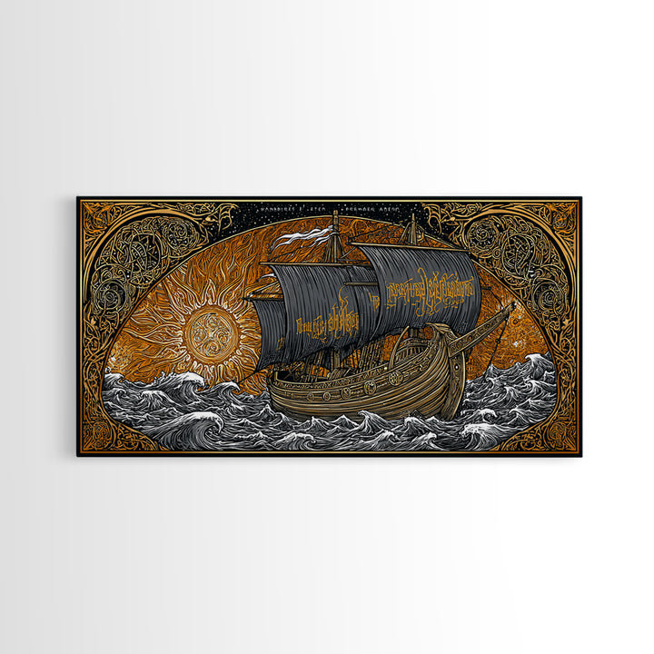 Viking Ship Naglfar Canvas Gold Art Canvas Art Nordic Longship Decor Norse Mythology Office Wall Art Man Cave framed in authentic wood