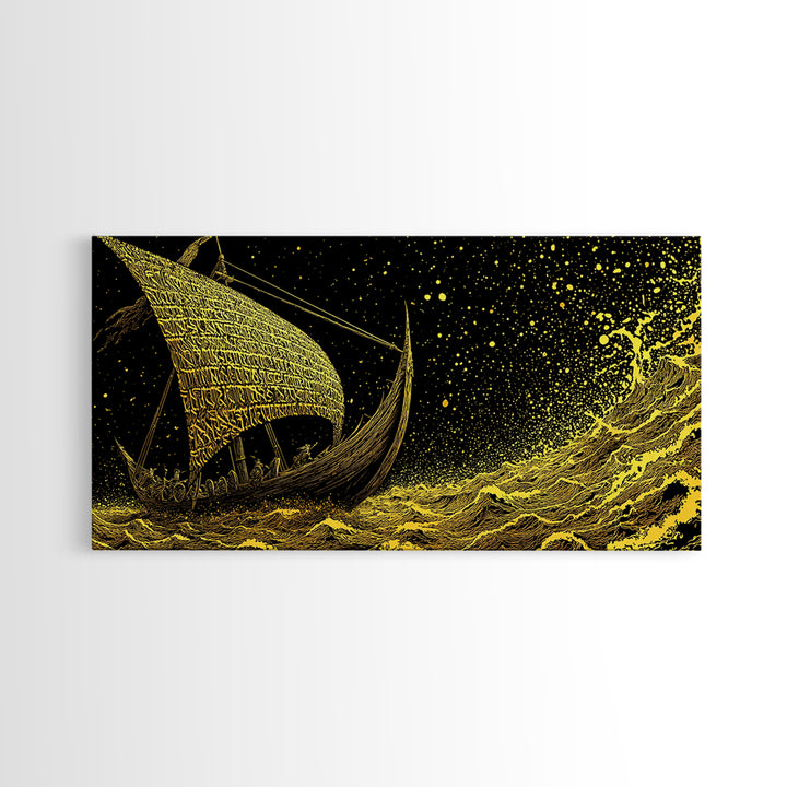 Norse Ship Naglfar Canvas Gold Art Canvas Art Viking Longship Wall Hanging Decor for Dad Gift Office Art framed in handcrafted real wood