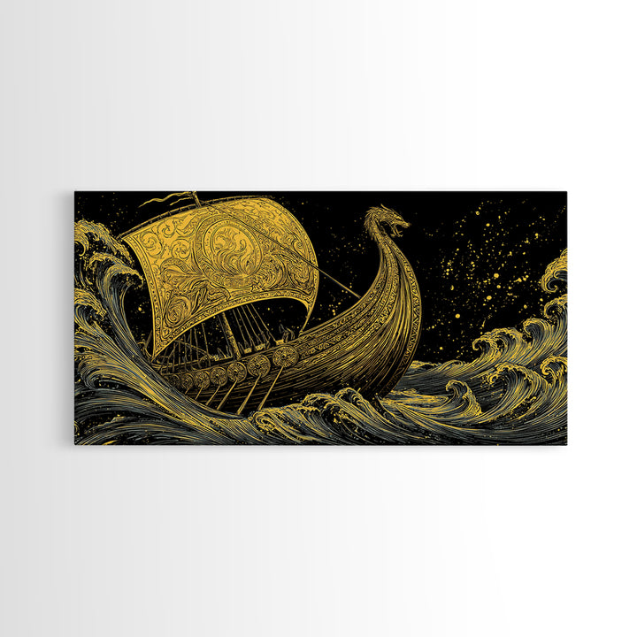 Naglfar Viking Ship Canvas Gold Art Canvas Art Norse Mythology Longship Wall Hanging Decor Office Art Man Cave Gift framed in real wood