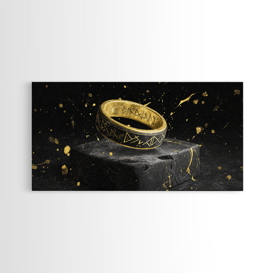 Viking Rune Ring Canvas Gold Art Nordic Symbol Canvas Art Norse Jewelry Wall Decor, Office Art or Dad Gift with real wood frame