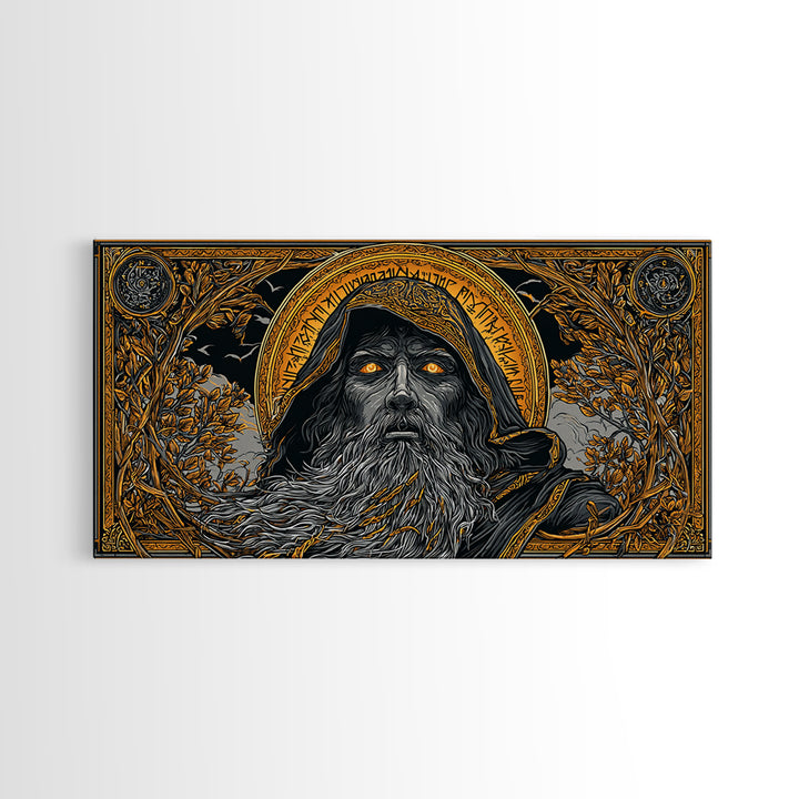 Ragnarok Battle Canvas Gold Art Viking Apocalypse Scene Canvas Art, Norse Mythology Man Cave Art with sturdy real wood frame