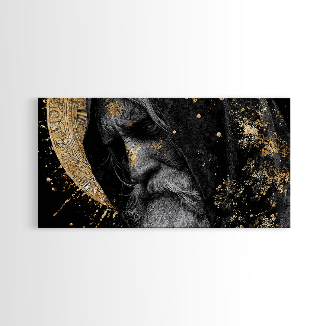Odin Wisdom Canvas Gold Art Nordic Mythology Norse God Canvas Art, Viking Office Wall Decor for Men framed in natural wood