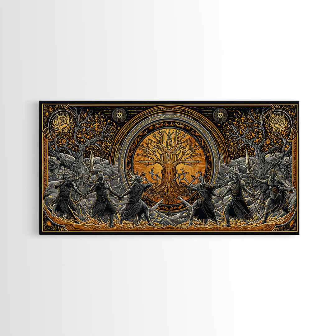 Sköll Wolf Canvas Gold Art Norse Mythology Canvas Art, Viking Wolf Devours the Sun Wall Decor in real wood frame for office