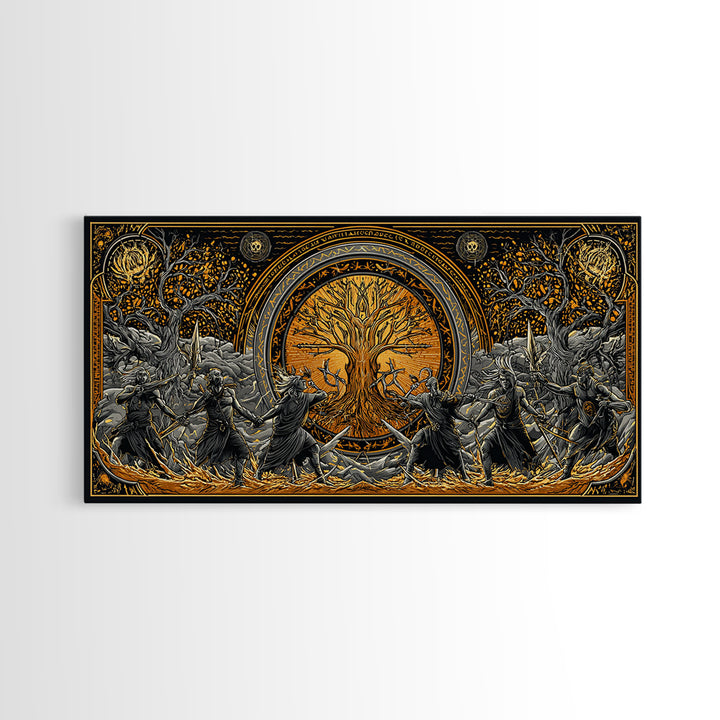 Sköll Wolf Canvas Gold Art Norse Mythology Canvas Art, Viking Wolf Devours the Sun Wall Decor in real wood frame for office