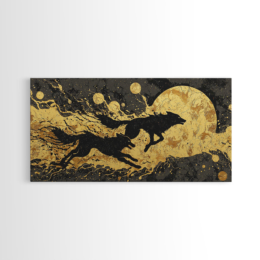Fenrir Wolf Canvas Gold Art Norse Mythology Canvas Art, Viking Beast of Ragnarok Wall Decor for Office or Man Cave in wood frame
