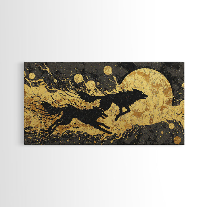 Fenrir Wolf Canvas Gold Art Norse Mythology Canvas Art, Viking Beast of Ragnarok Wall Decor for Office or Man Cave in wood frame