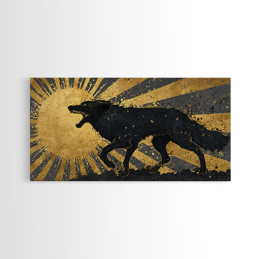 Hati and Sköll Wolves Canvas Gold Art Norse Mythology Canvas Art, Viking Sun and Moon Chase Wall Decor framed in real wood