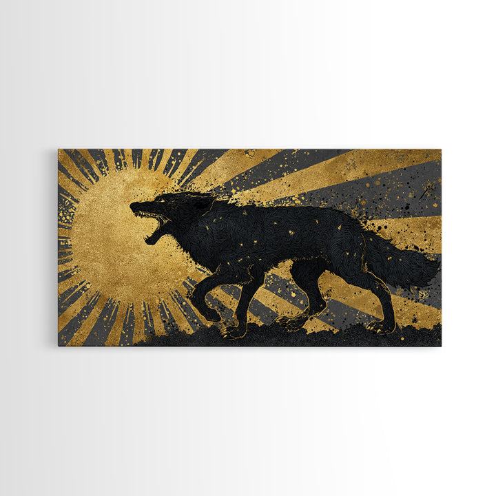 Hati and Sköll Wolves Canvas Gold Art Norse Mythology Canvas Art, Viking Sun and Moon Chase Wall Decor framed in real wood