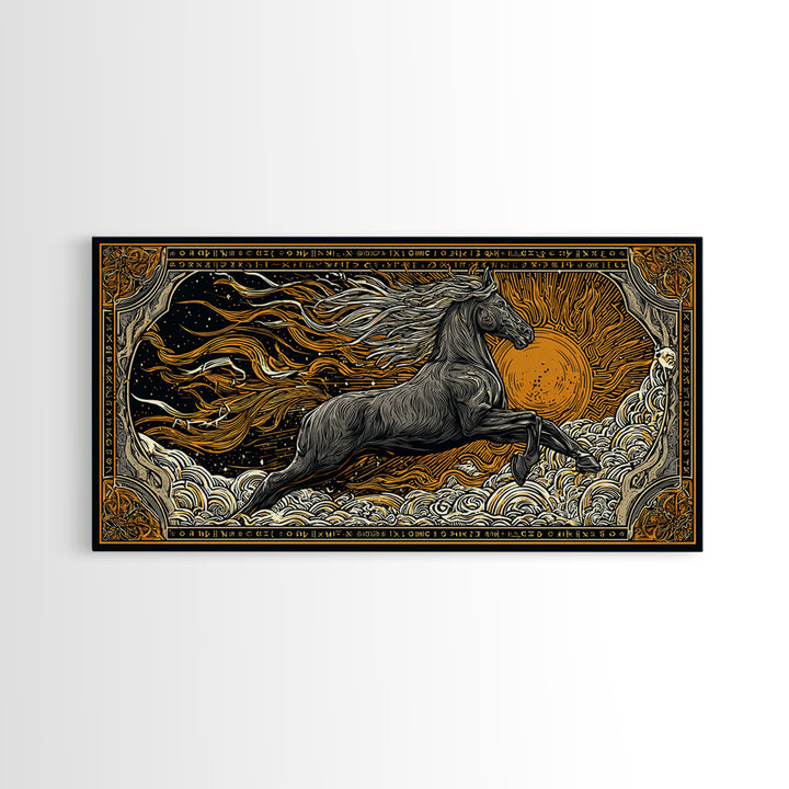 Mythical Sleipnir Canvas Gold Art Wall Decor, Odin’s Eight-Legged Horse Norse Canvas Art with real wood frame, Viking Office Art