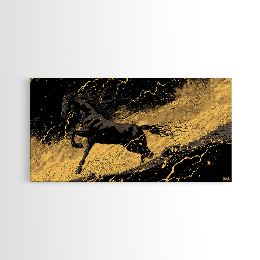 Nordic Sleipnir Horse Canvas Art, Canvas Gold Art in Norse Mythology Style, Man Cave Wall Art for Men, framed in authentic wood