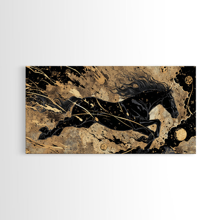 Sleipnir Norse Horse Canvas Gold Art, Nordic Mythology Canvas Art for Man Cave or Office, framed in natural wood, unique Dad Gift