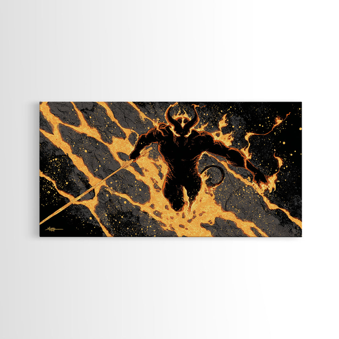 Mythical Surtur with Flaming Sword Canvas Gold Art, Viking Canvas Art Norse Decor, Man Cave Office Art, framed in handcrafted wood
