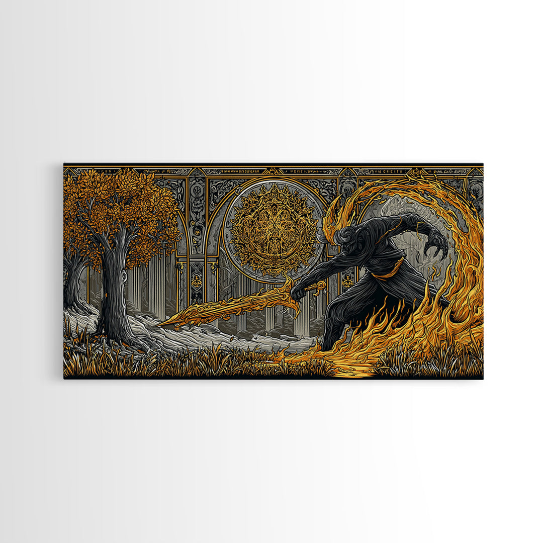 Surtur Norse Fire Giant Canvas Art, Nordic Mythology Canvas Gold Art for Office Wall or Man Cave, framed in real wood, bold Dad Gift