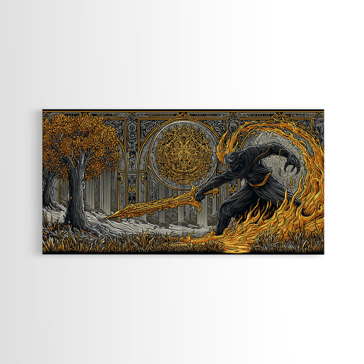 Surtur Norse Fire Giant Canvas Art, Nordic Mythology Canvas Gold Art for Office Wall or Man Cave, framed in real wood, bold Dad Gift