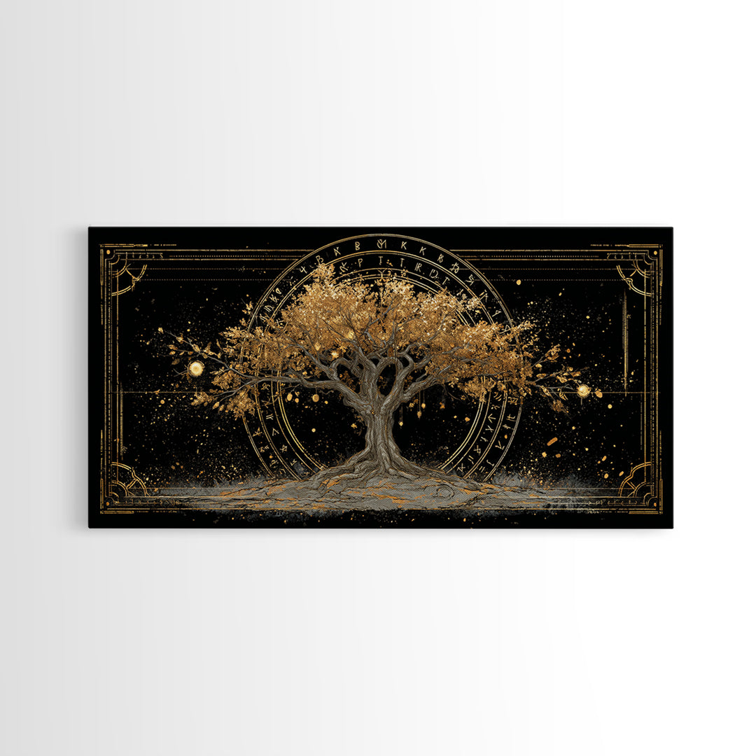 The World Tree Yggdrasil Canvas Gold Art, Norse Mythology Canvas Art for Office, Viking Man Cave Decor, framed in natural wood