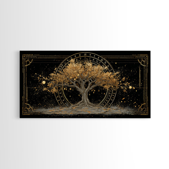 The World Tree Yggdrasil Canvas Gold Art, Norse Mythology Canvas Art for Office, Viking Man Cave Decor, framed in natural wood