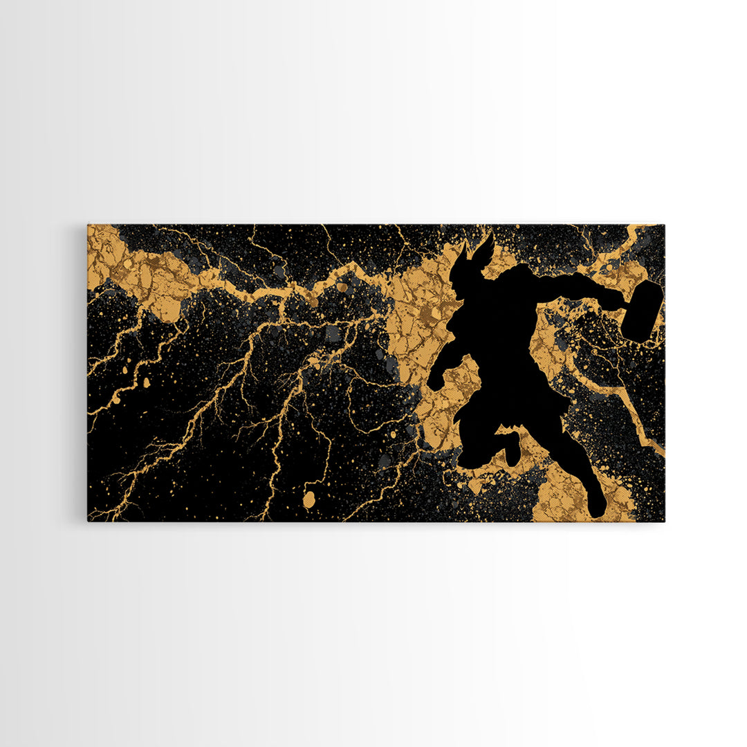 Viking Thor with Mjolnir Canvas Gold Art, Norse Mythology Canvas Art Wall Decor for Man Cave or Dad Gift, framed in solid wood